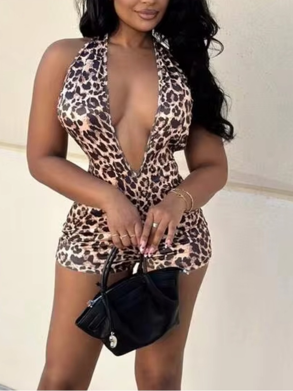 New XXS Shein Alexandranx Leopard Print Plunge Halter Romper playsuit jumpsuit - Picture 2 of 7